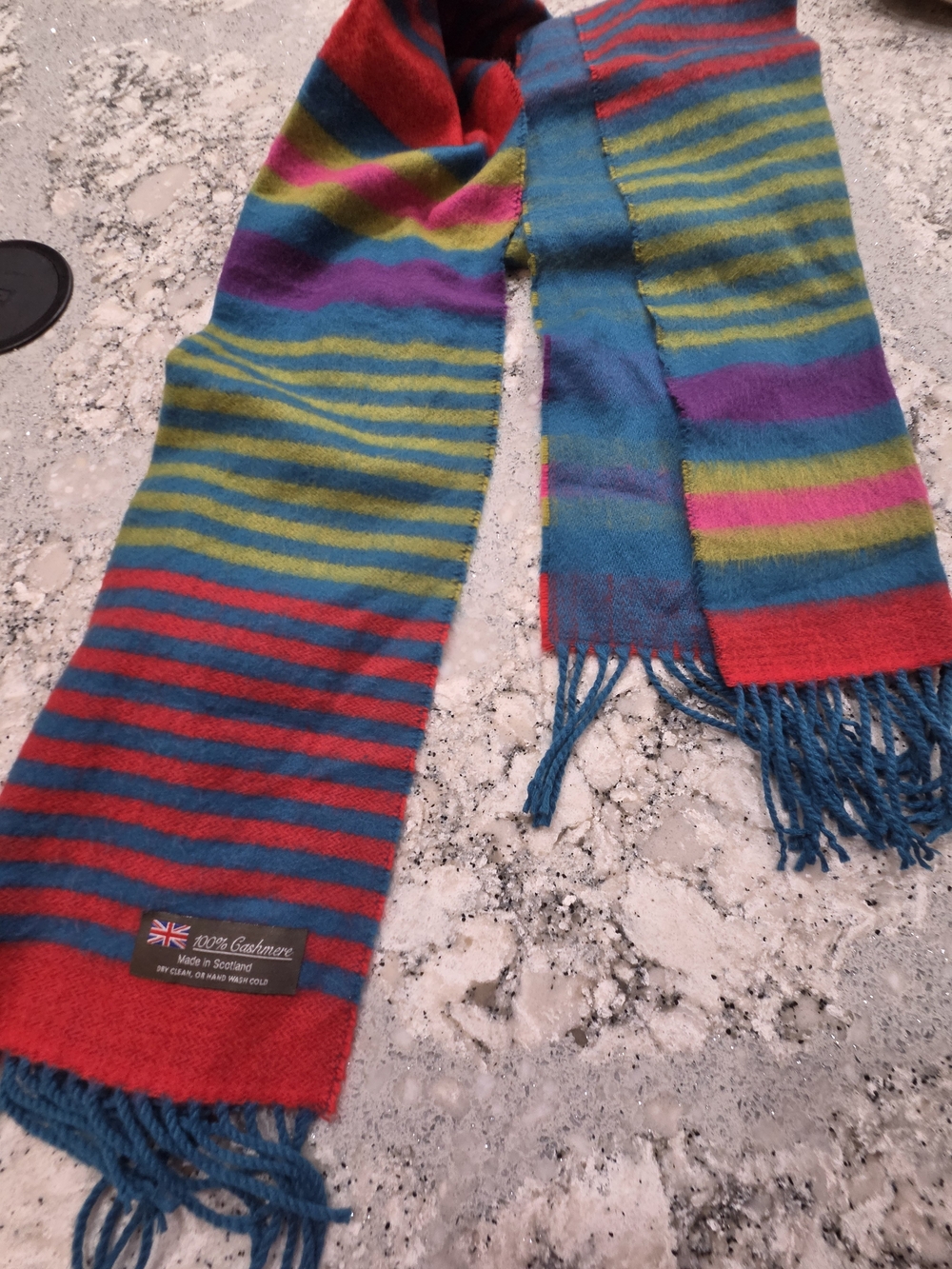 100% Cashmere Stripe Scarf Blue, Red, Green Scotland Made - Picture 3 of 6
